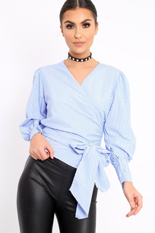 Blue Gingham Wrap Front Top - Gloria