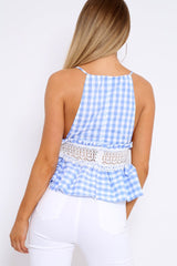 Blue Gingham and Lace Cami Crop Top - Eboni-Tops