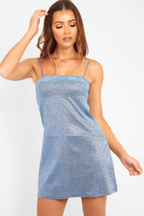 Blue Glitter Straight Neck Mini Dress - Alanis-Dresses