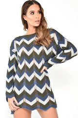 Blue Green Black Chevron Jumper Dress - Kalise-Knitwear