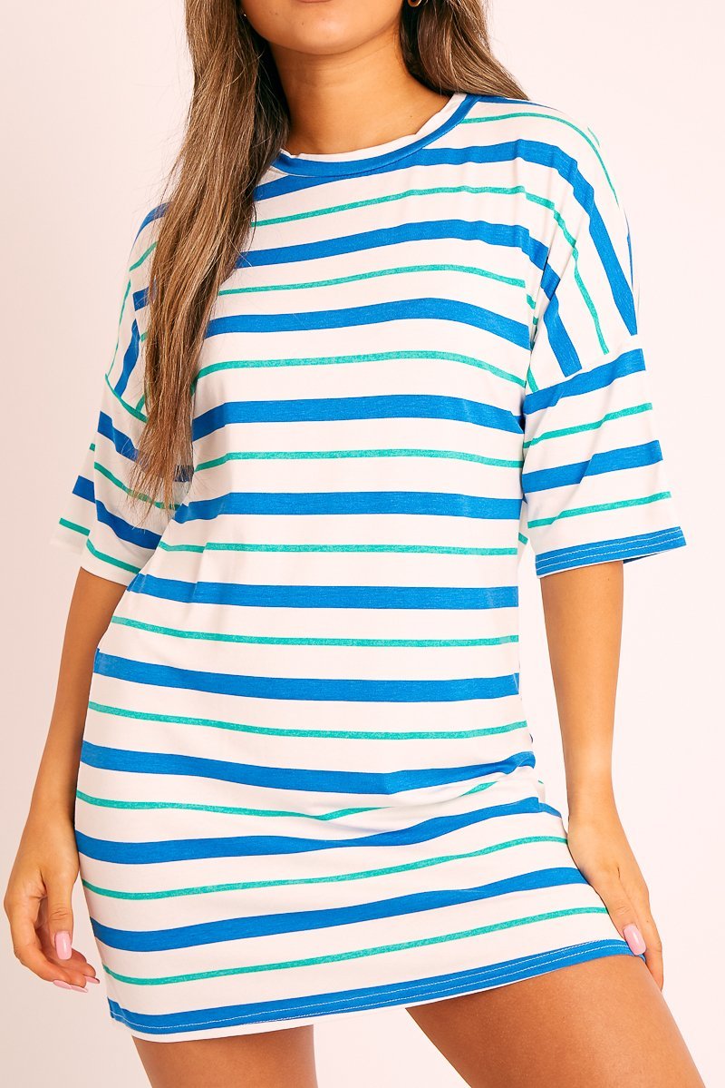 Blue Green Striped T-shirt Dress - Hanaa-T-shirt