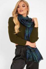 Blue Green Tartan Fringe Hem Scarf - Liany-Accessories