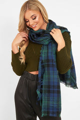Blue Green Tartan Fringe Hem Scarf - Liany-Accessories