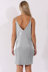 Blue Grey Pleated Metallic Slip Dress - Peaches-Dresses