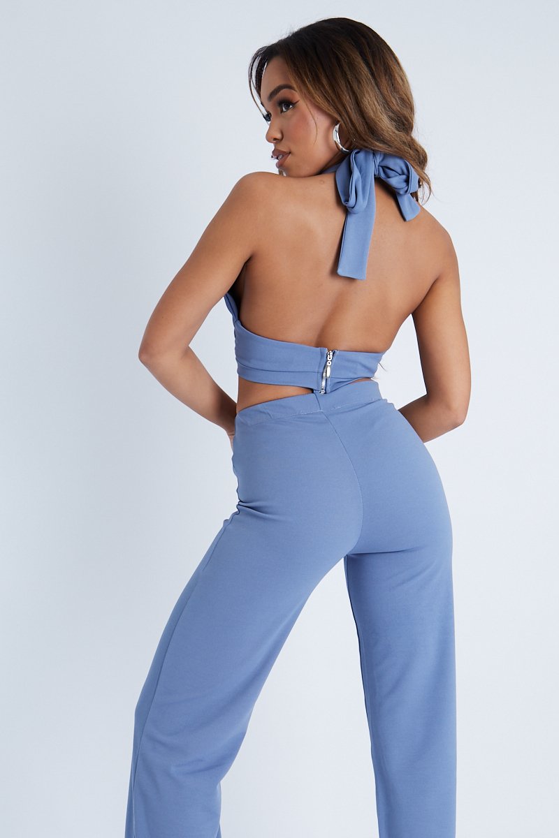 Blue Halter Neck Crop Top + High Waist Flare Trouser Set - Sheri-Co-ords