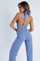 Blue Halter Neck Crop Top + High Waist Flare Trouser Set