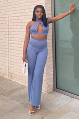 Blue Halter Neck Crop Top + High Waist Flare Trouser Set - Sheri