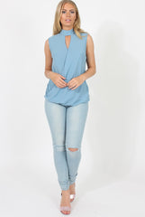 Blue High Neck Cross Over Top - Remy-Tops