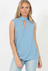 Blue High Neck Cross Over Top - Remy-Tops