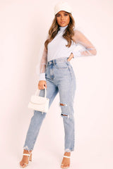 Blue High Neck Sheer Sleeve Ribbed Top - Honey-Tops