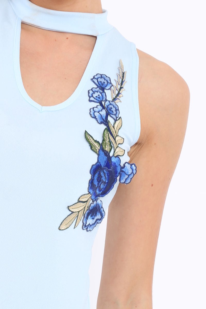 Blue High Neck V Front Top - Emmy-Tops