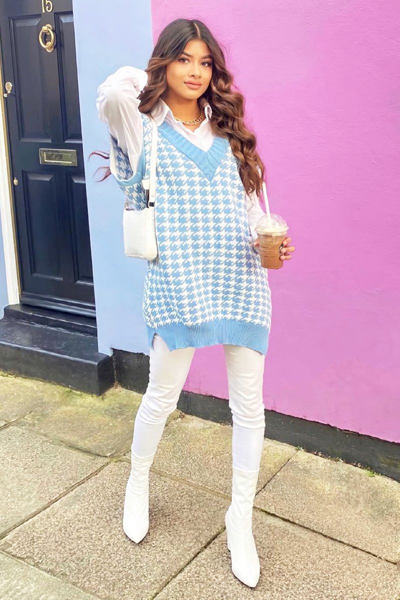 Blue Houndstooth Knit Vest - Hazel-Jumper