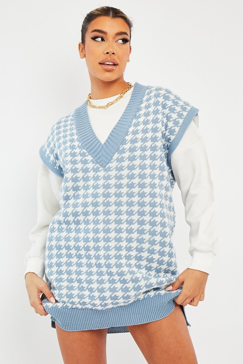 Blue Houndstooth Knit Vest - Hazel-Jumper