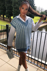 Blue Houndstooth Knit Vest - Hazel-Jumper