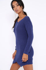 Blue Jumper Dress with Twist Knit Detail - Antonia-Dresses