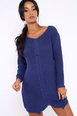 Blue Jumper Dress with Twist Knit Detail - Antonia-Dresses
