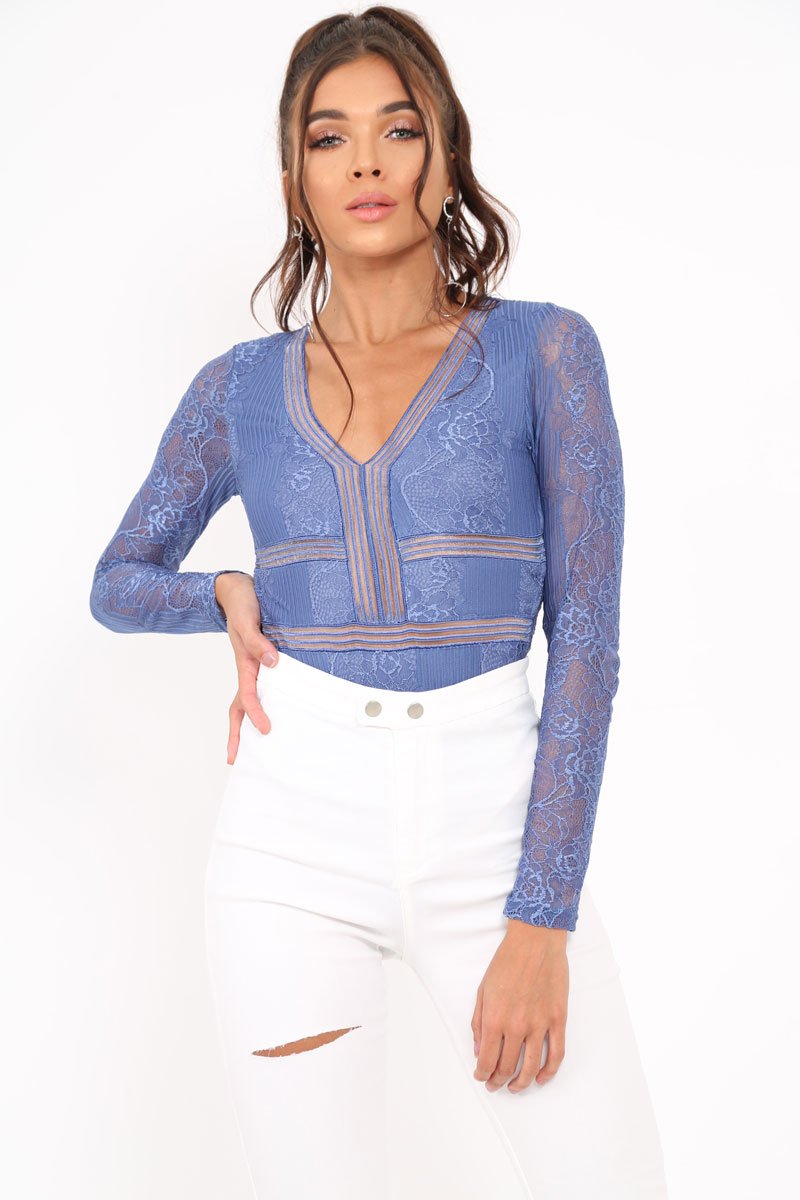 Blue Lace Long Sleeve Open Back Bodysuit - Ellice-Bodysuits