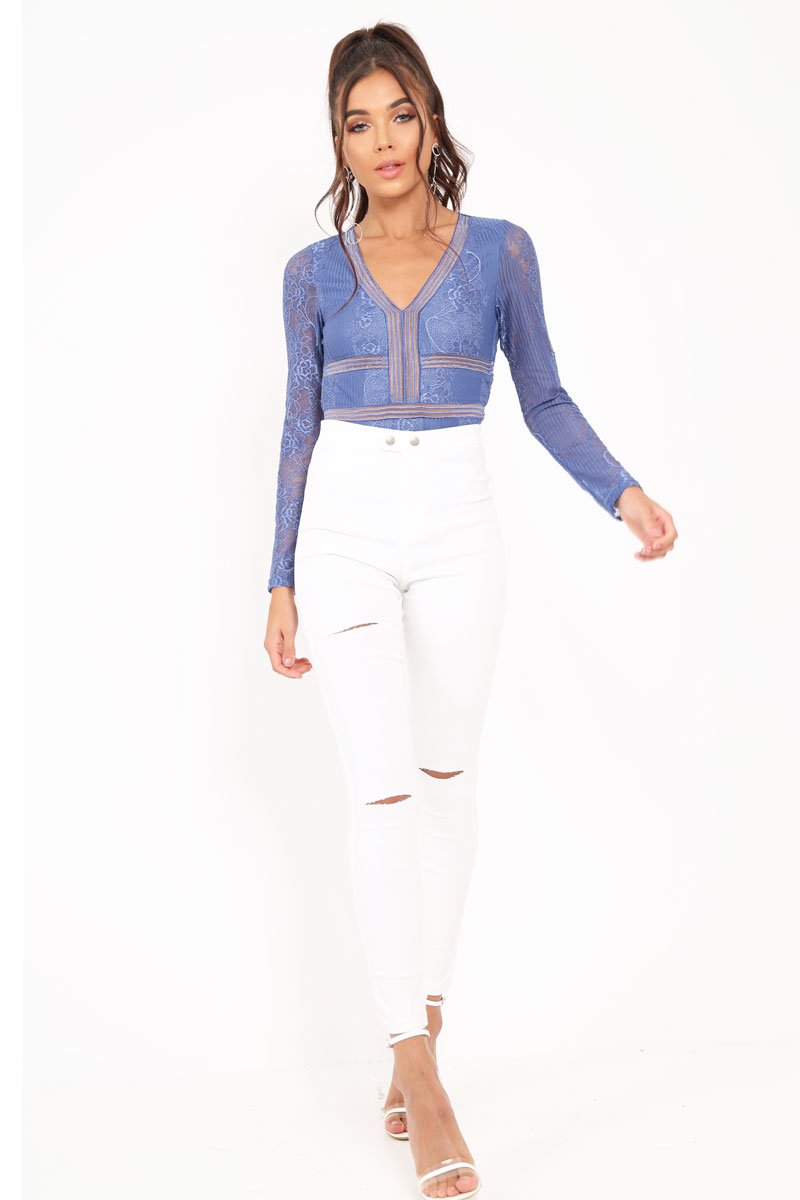 Blue Lace Long Sleeve Open Back Bodysuit - Ellice-Bodysuits