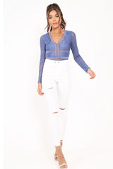 Blue Lace Long Sleeve Open Back Bodysuit - Ellice-Bodysuits