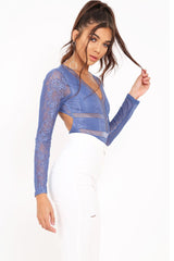 Blue Lace Long Sleeve Open Back Bodysuit - Ellice-Bodysuits