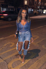 Blue Lace Long Sleeve Open Back Bodysuit - Ellice-Bodysuits