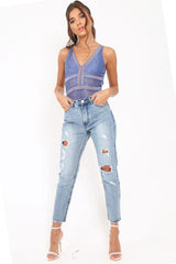 Blue Lace Sleeveless Open Back Bodysuit - Molina-Bodysuits