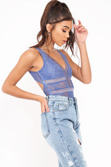 Blue Lace Sleeveless Open Back Bodysuit - Molina-Bodysuits