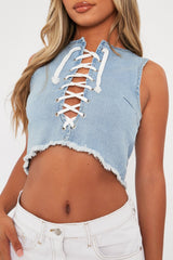 Blue Lace Up Denim Crop Top - Floyd-Crop Tops