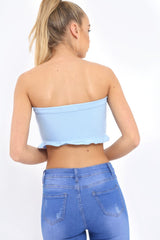 Blue Lace Up Front Frill Bandeau Crop Top - Cyndi-Crop Tops