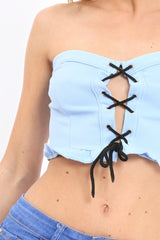 Blue Lace Up Front Frill Bandeau Crop Top - Cyndi-Crop Tops