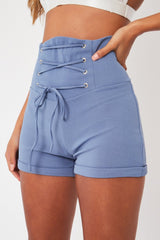 Blue Lace Up High Waisted Tailored Shorts - Darcia-Shorts