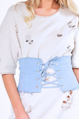 Blue Lace Up Raw Edge Corset Belt- Missy-Belts
