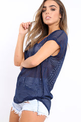 Blue Laser Cut Top with Crew neck and Dip Hem - Keelani-Tops