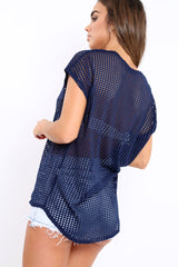 Blue Laser Cut Top with Crew neck and Dip Hem - Keelani-Tops