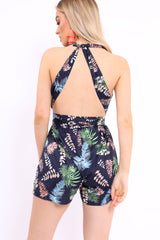 Blue Leaf Print Halterneck Playsuit - Esmeralda-Playsuits
