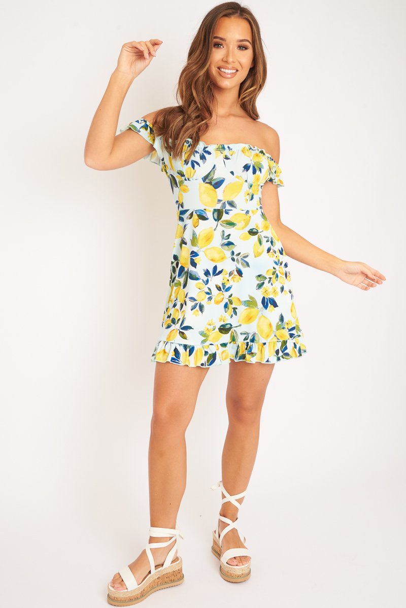 Blue Lemon Print Ruffle Summer Dress