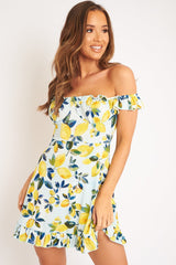 Blue Lemon Print Ruffle Summer Dress - Ashley-Dresses