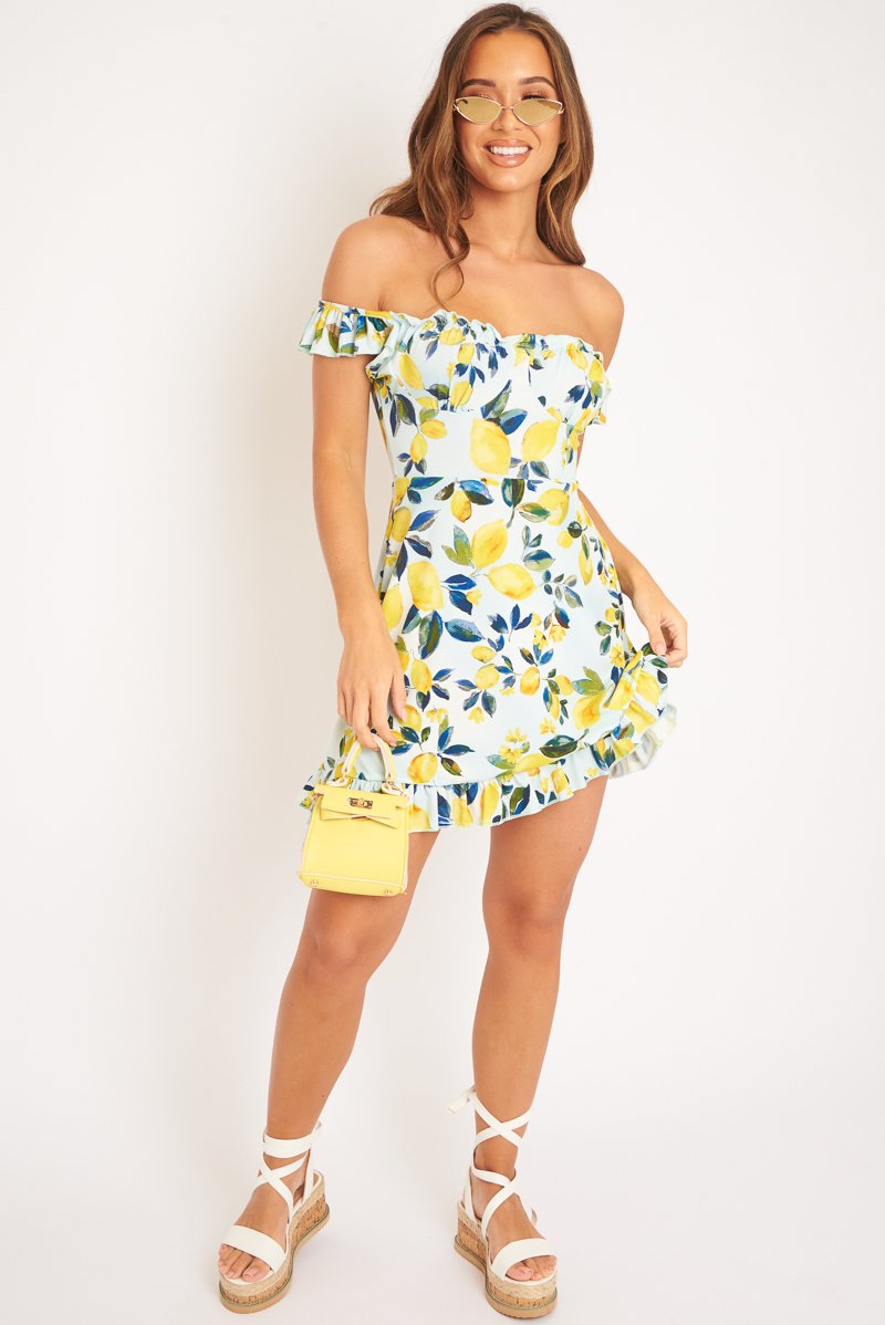 Blue Lemon Print Ruffle Summer Dress - Ashley Rebellious Fashion Blue Lemon Print Ruffle Summer Dress - Ashley Rebellious Fashion