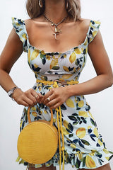 Blue Lemon Print Ruffle Summer Dress - Ashley-Dresses