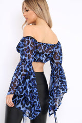 Blue Leopard Print Flared Sleeves Sheer Crop Top - Jordan-Crop Tops