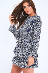 Blue Leopard Print Long Sleeved Ruffle Dress - Clarity-Dresses