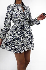 Blue Leopard Print Long Sleeved Ruffle Dress - Clarity-Dresses