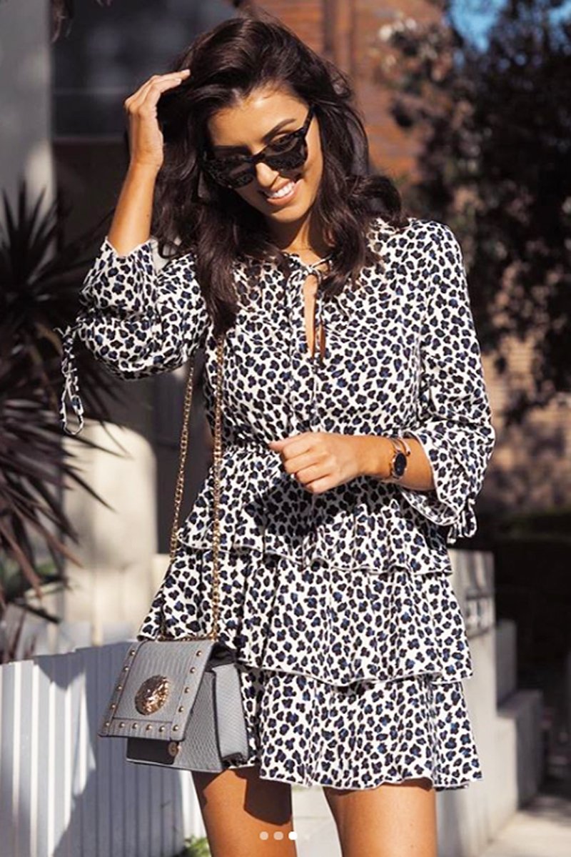 Blue Leopard Print Long Sleeved Ruffle Dress - Clarity-Dresses