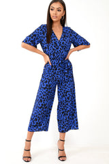 Blue Leopard Print Wrap Culotte Jumpsuit -Juni-Jumpsuits