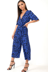 Blue Leopard Print Wrap Culotte Jumpsuit -Juni-Jumpsuits