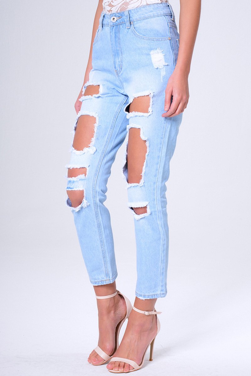 Blue Light Wash Ripped Thigh Detail Mom Jeans - Ashleigh-Jeans