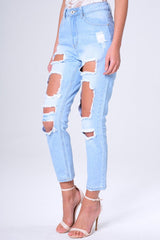 Blue Light Wash Ripped Thigh Detail Mom Jeans - Ashleigh-Jeans