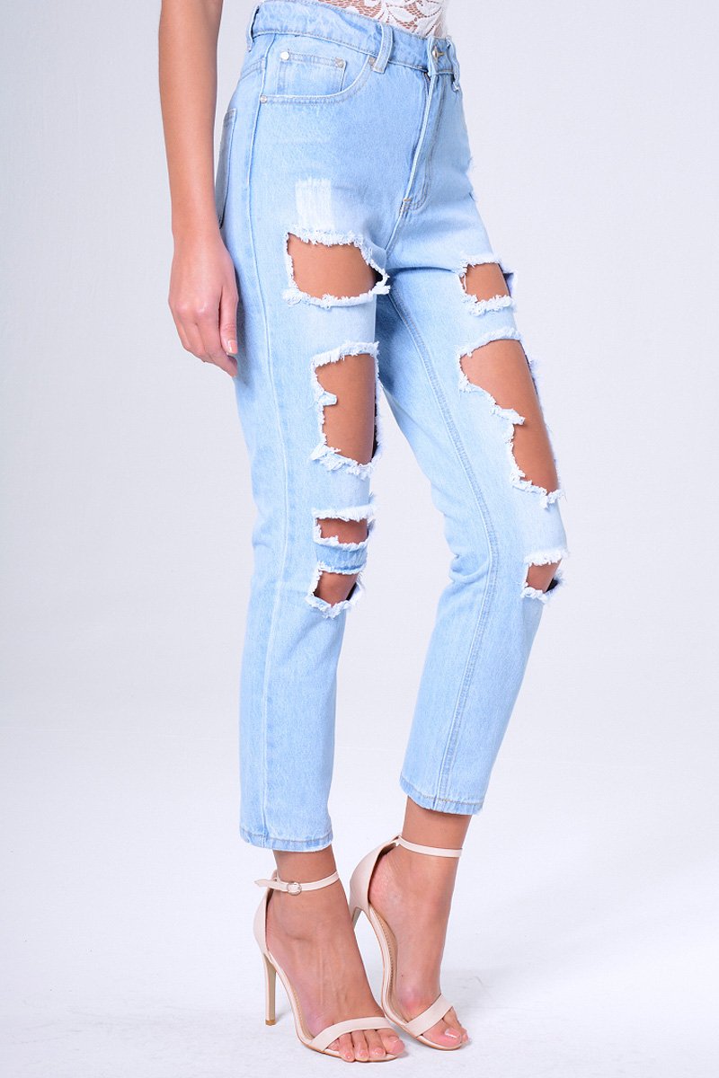 Blue Light Wash Ripped Thigh Detail Mom Jeans - Ashleigh-Jeans
