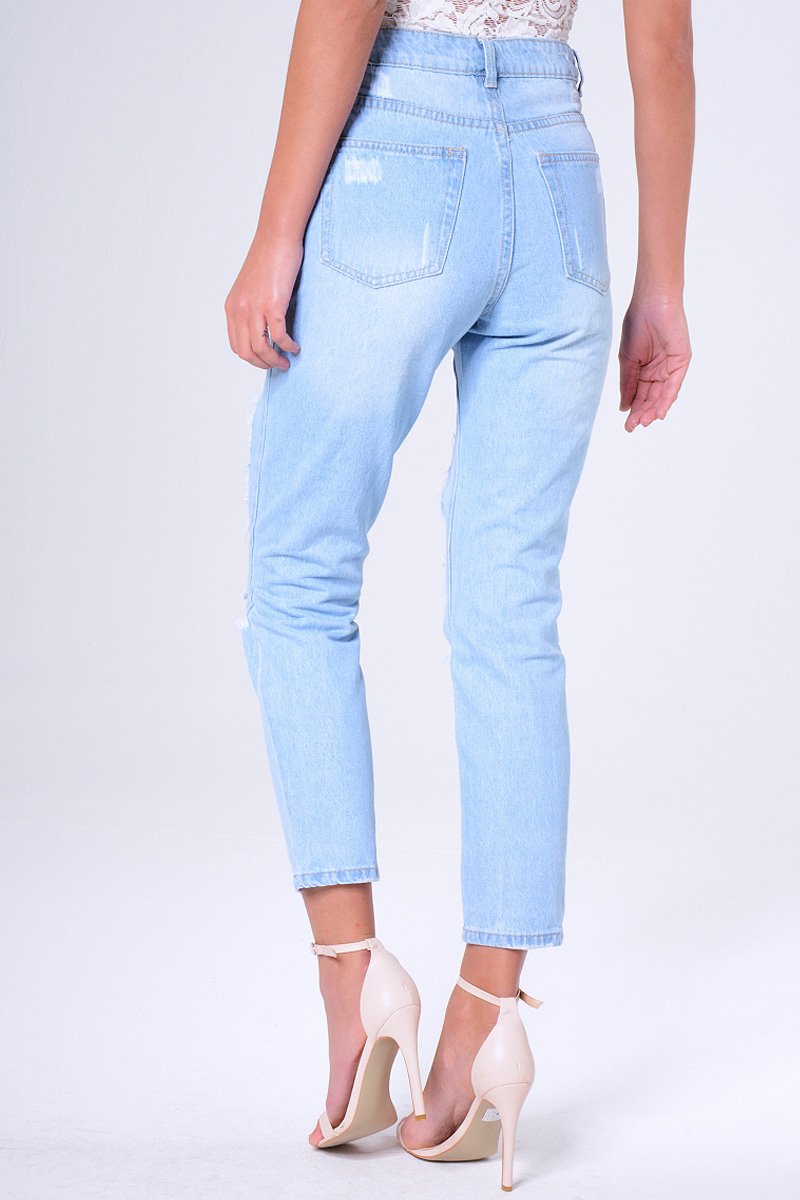 Blue Light Wash Ripped Thigh Detail Mom Jeans - Ashleigh-Jeans