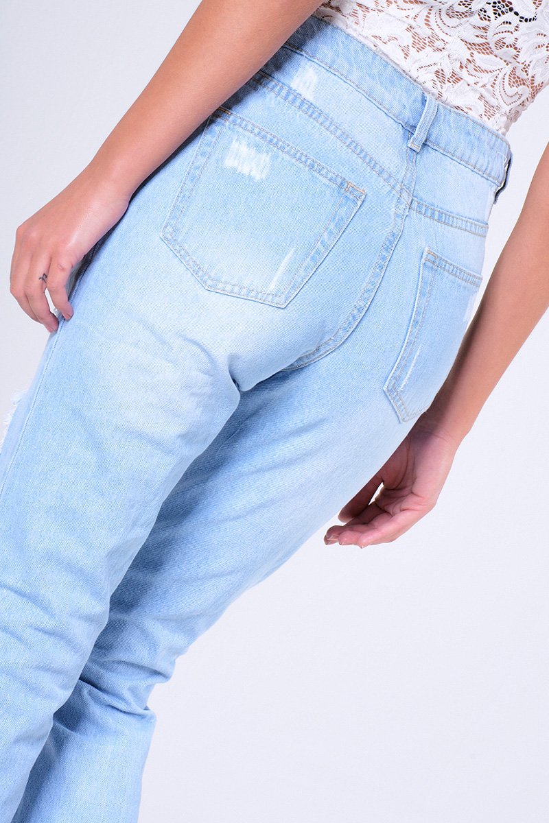 Blue Light Wash Ripped Thigh Detail Mom Jeans - Ashleigh-Jeans